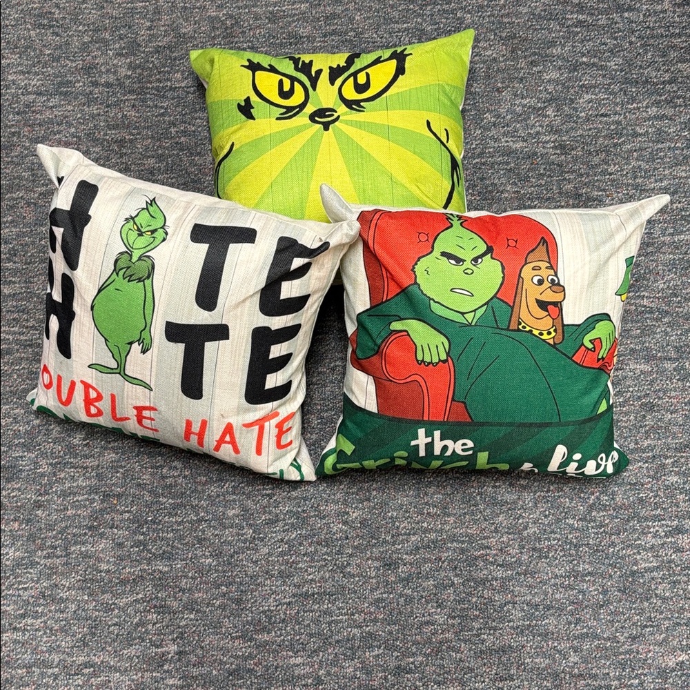 Green and Cream Decorative Pillows $20.00 for all 3,grinch themed.